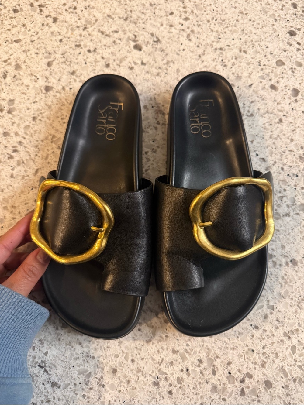 Franco Sarto Black Slide Sandals with Bronze-Tone Buckles